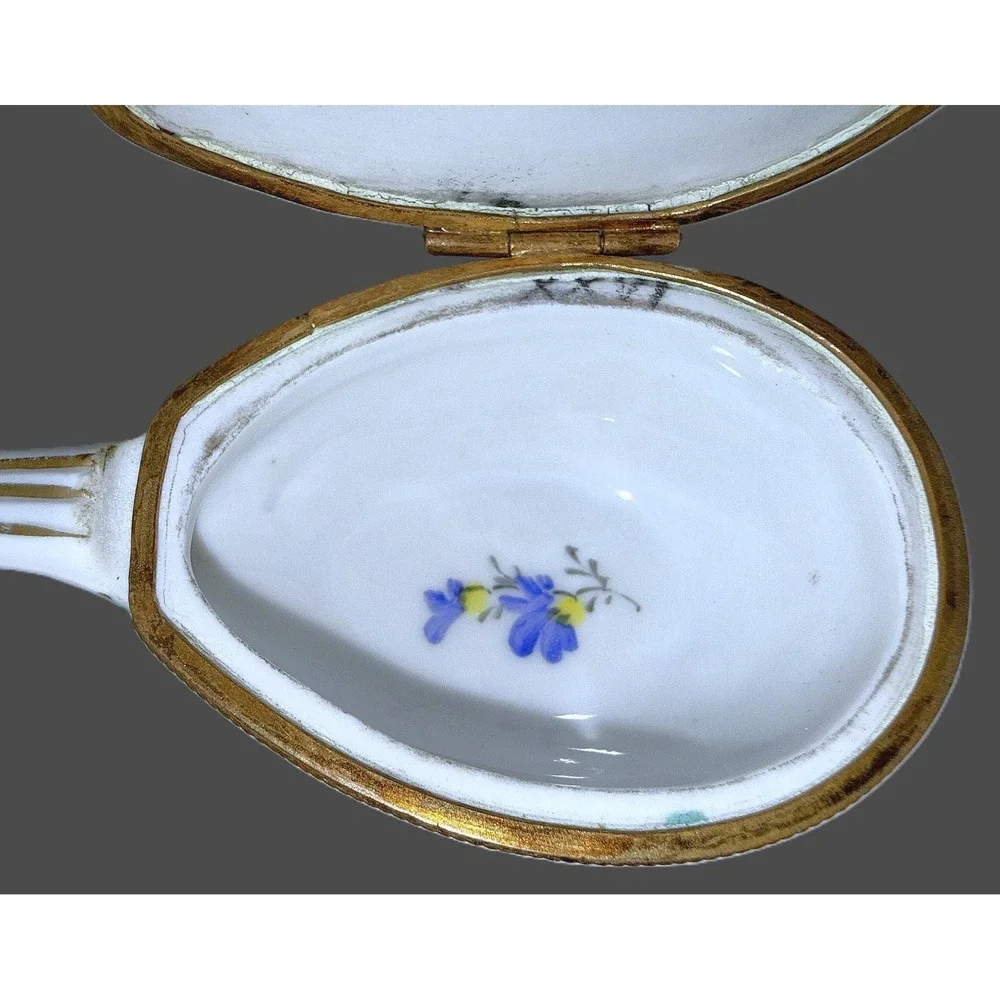 Antique Sevres Style Porcelain Mandolin Trinket Box Hand Paint Hinged Snuff Pill